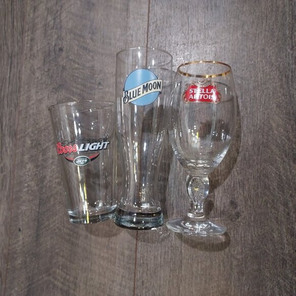 Beer Glass Lot of 3 Coors Jets Stella Blue Moon Barware - Picture 3 of 12